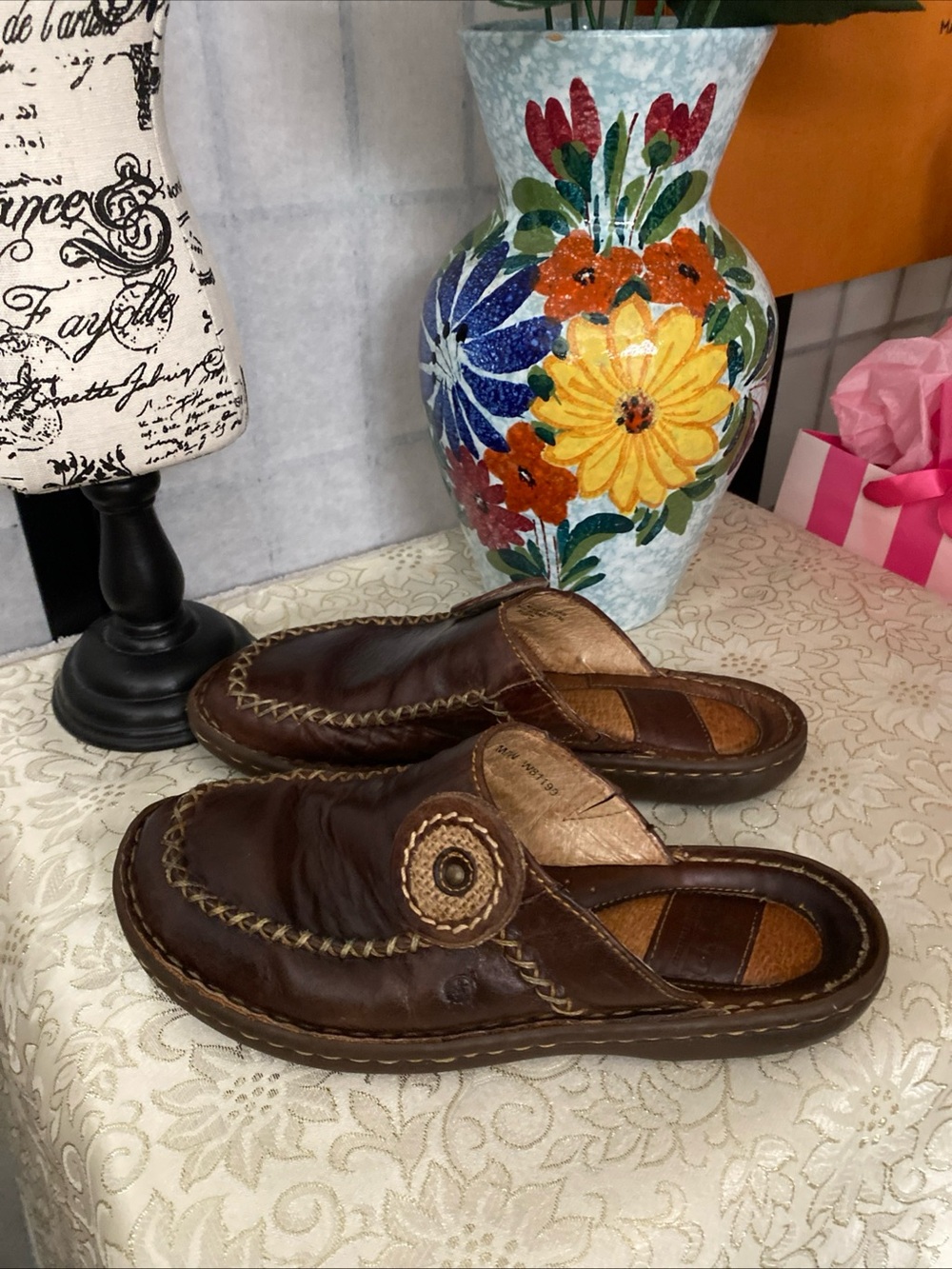 Born VTG 90s Wom 6/36 Hand Stitched Leather Mini Platformed Flats Slides Mexico - Picture 4 of 15